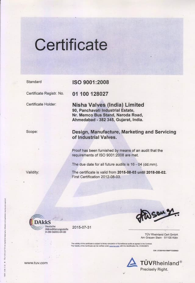 Nisha Valves ISO 9001 certificate issued by TÜV Rheinland
